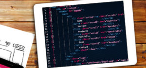 Digital tablet displaying HTML code